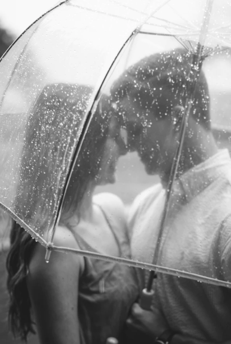 woman and man under a clear umbrella