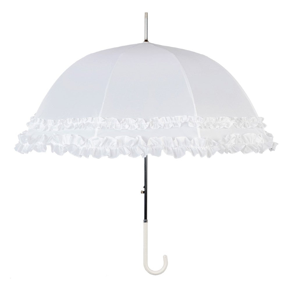 Large Double Frilled White Wedding Umbrella Front