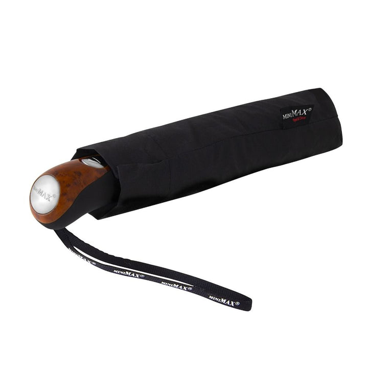 Black miniMAX folding umbrella with wooden look handle