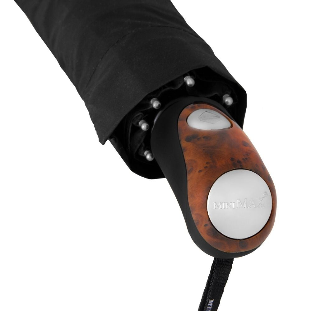 Black miniMAX folding umbrella with wooden look handle