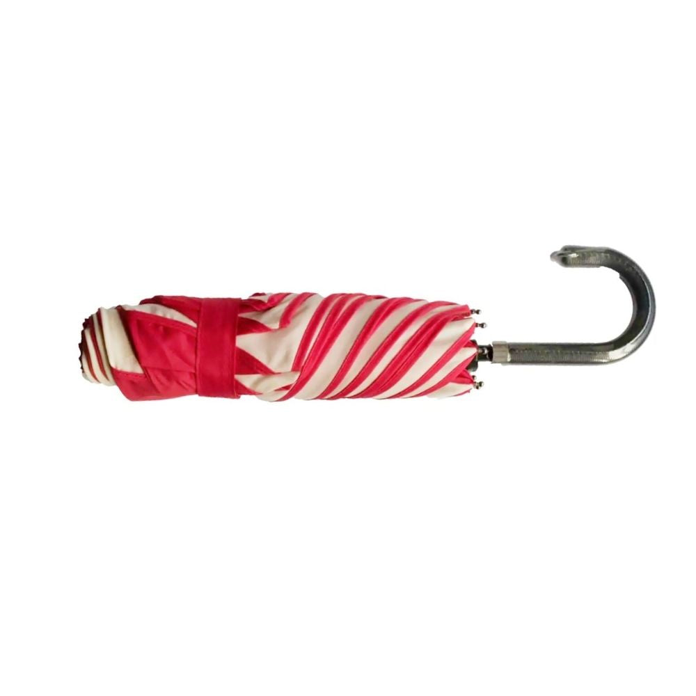 Red and White Swirl Ladies Folding Ladies Umbrella Flat Lay