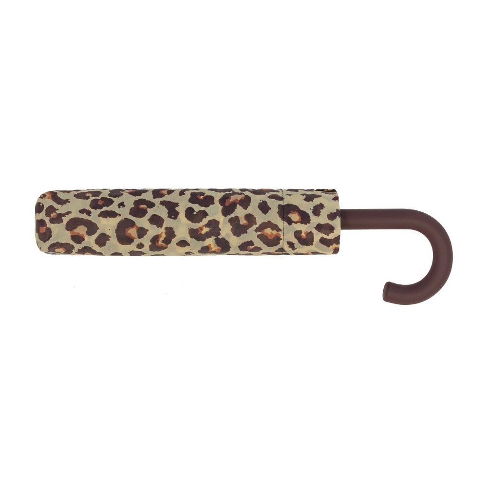 Leopard Print Crook Handle Compact Umbrella Flat Lay