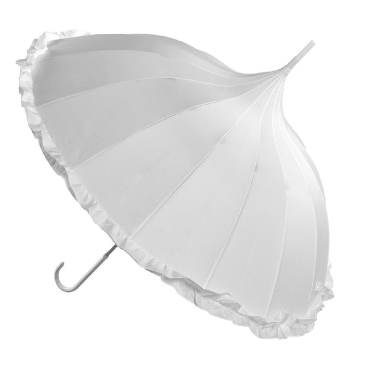 Oriental White Ornate Pagoda Occasion Umbrella With Frilled Border Side Canopy