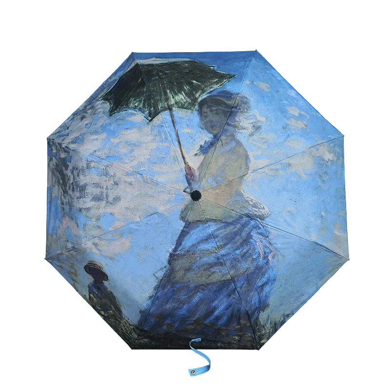 Umbrella with a design of a woman holding an umbrella, inspired by famous artwork, on a blue background.