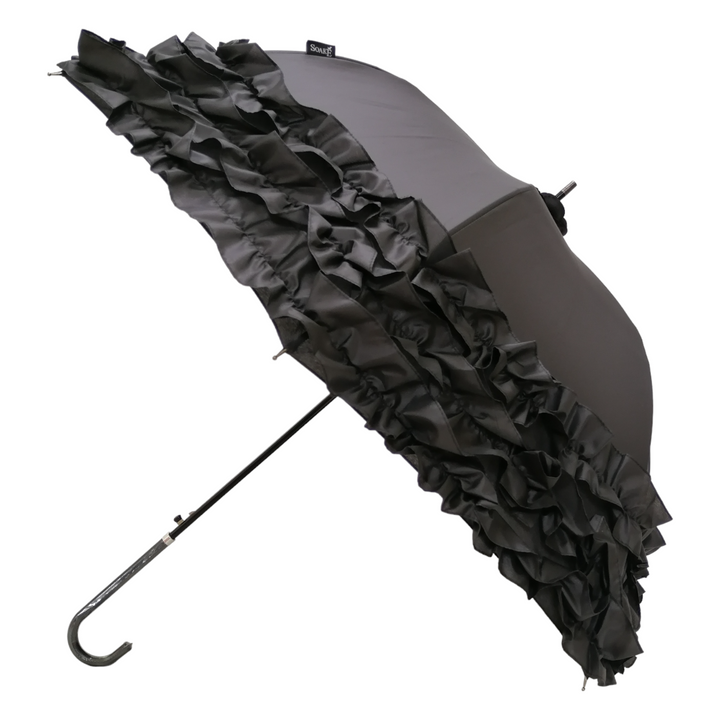 Boutique Triple Frill Stick Auto umbrella Black