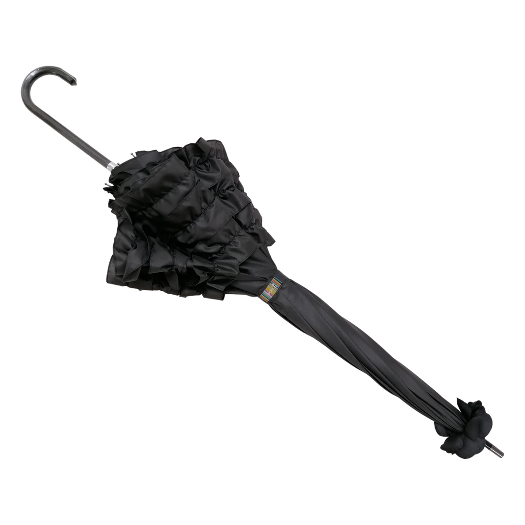 Boutique Triple Frill Stick Auto umbrella Black