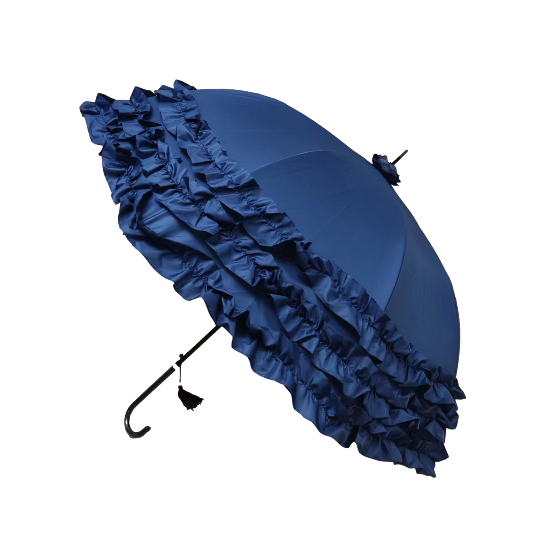 Boutique Triple Frill Stick Auto Umbrella Navy