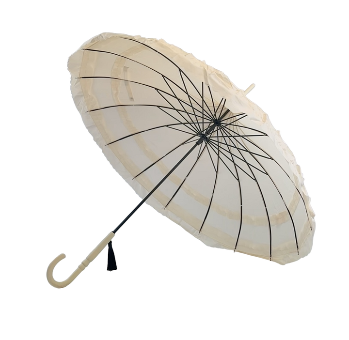 Boutique Frilled Pagoda Umbrella Beige with beige handle