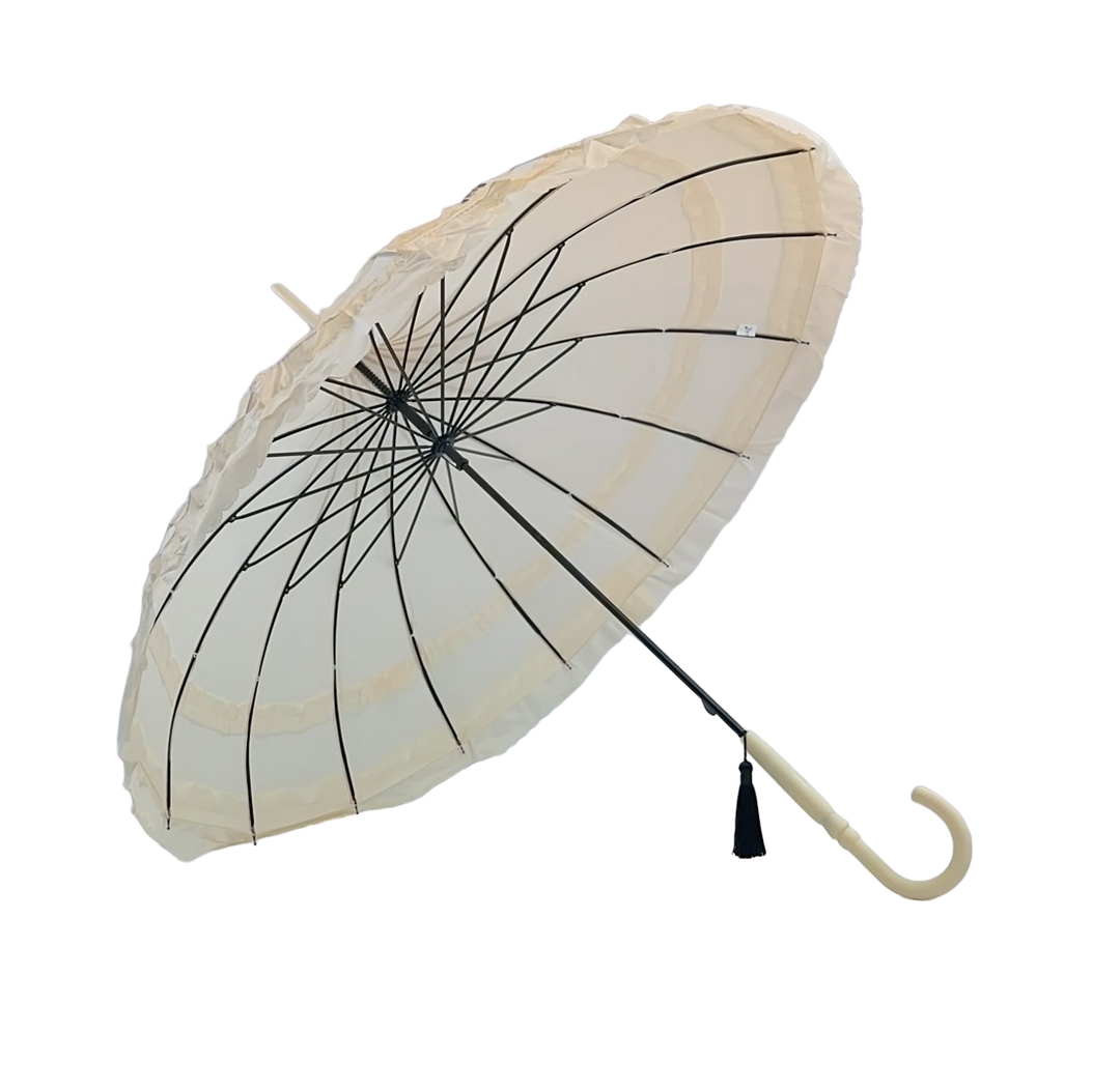 Boutique Frilled Pagoda Umbrella Beige with beige handle