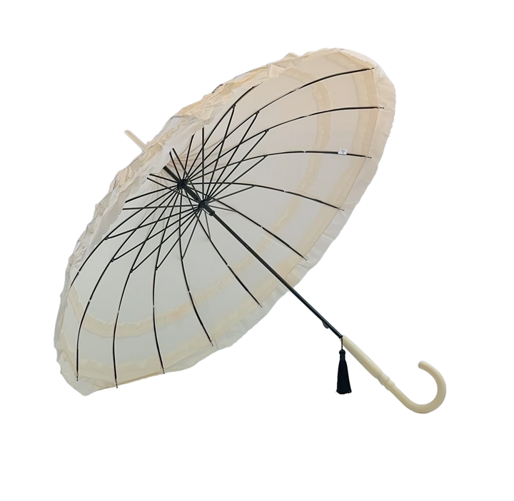 Boutique Frilled Pagoda Umbrella Beige with beige handle