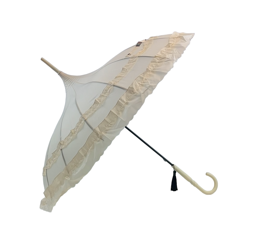 Boutique Frilled Pagoda Umbrella Beige with beige handle