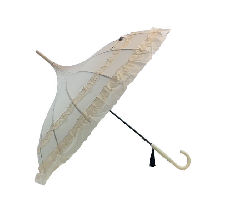Boutique Frilled Pagoda Umbrella Beige with beige handle
