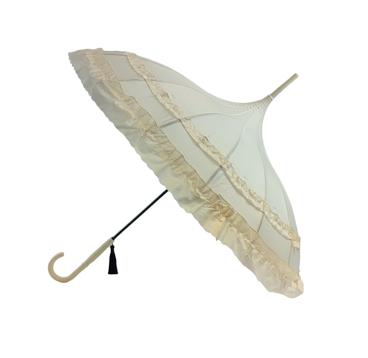 Boutique Frilled Pagoda Umbrella Beige with beige handle