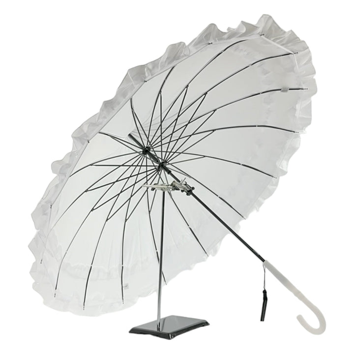 Boutique Frilled Pagoda Umbrella White with white handle