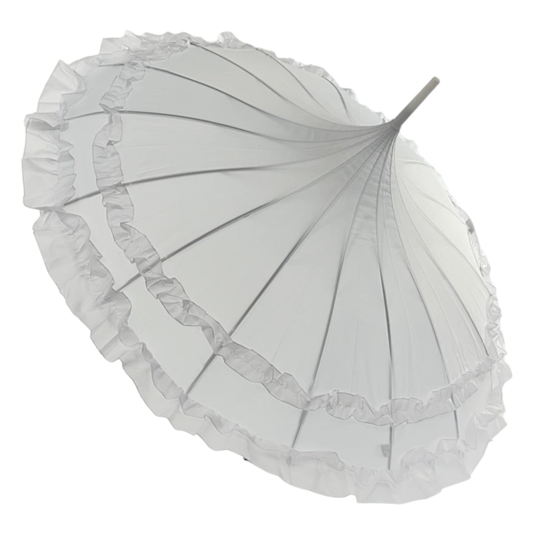 Boutique Frilled Pagoda Umbrella White with white handle