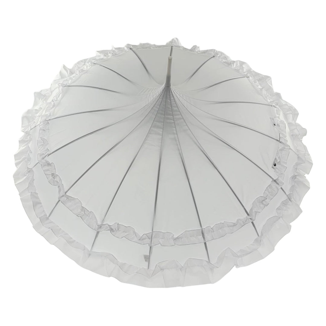 Boutique Frilled Pagoda Umbrella White with white handle