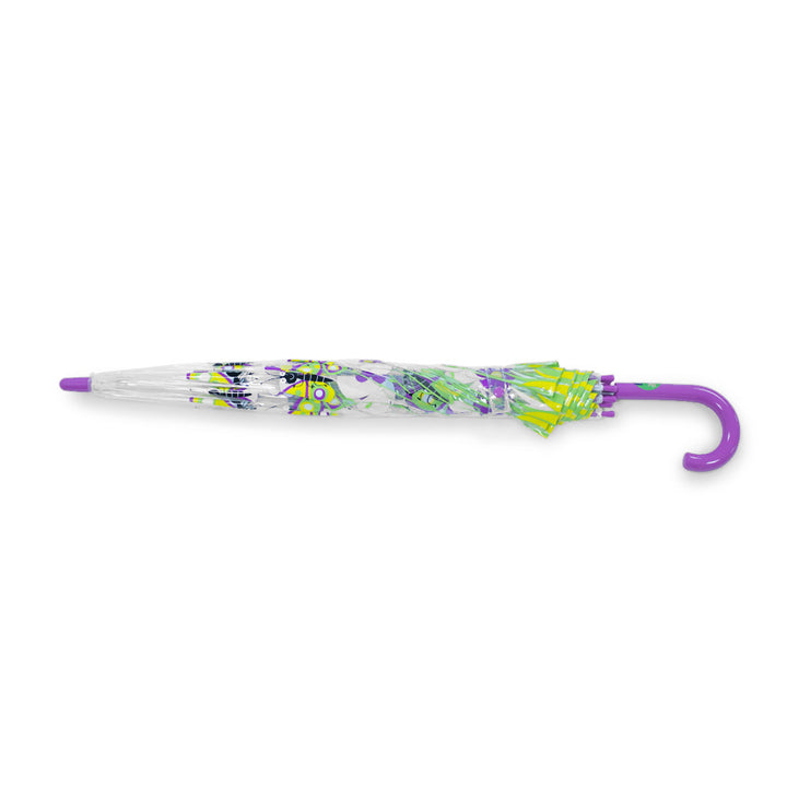 Bugzz Kids Happy Butterfly Print Umbrella Transparent and Purple Flat Lay