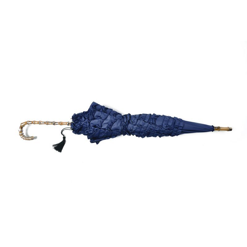 Navy Pagoda FiFi Frill with Tassell Wedding Umbrella Flat Lay Closed