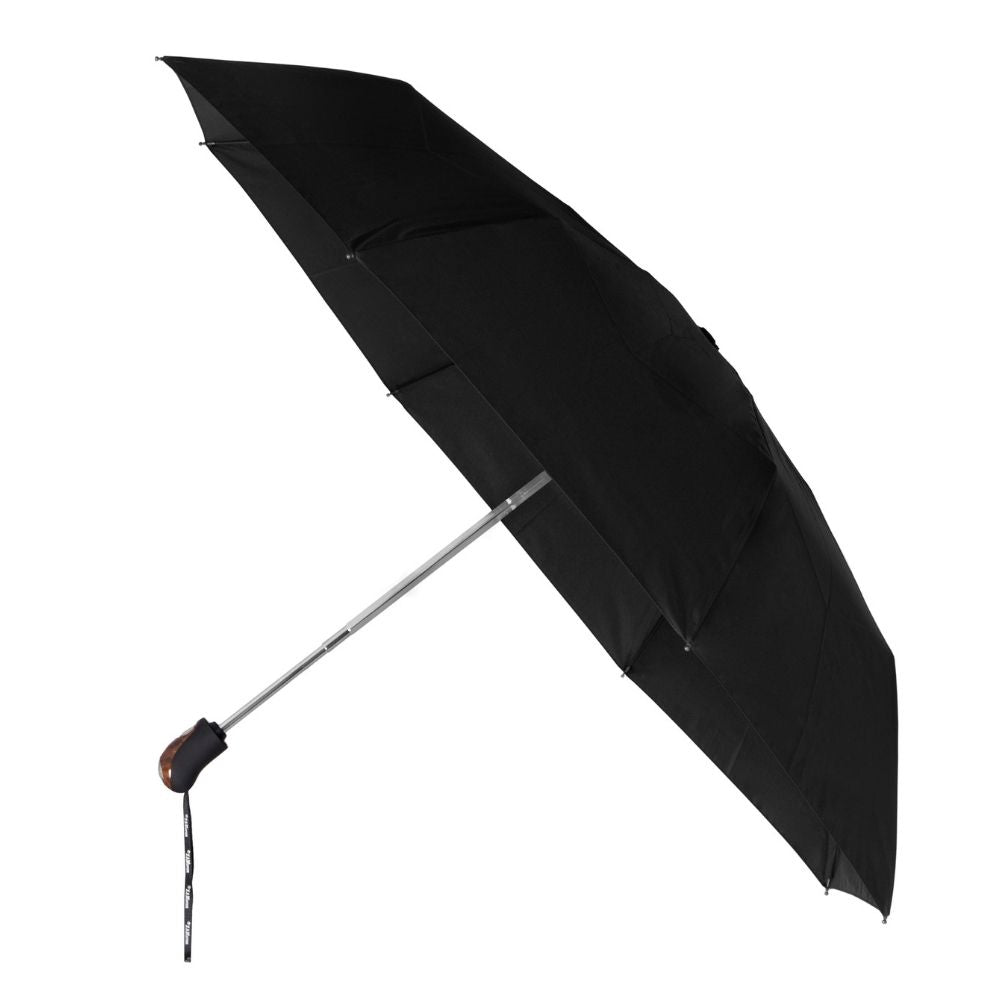 Black miniMAX folding umbrella with wooden look handle